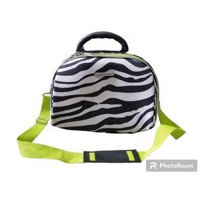 Luca Vergani Cosmetic Makeup Travel Bag Black & Lime Green Zebra Print Zip Up